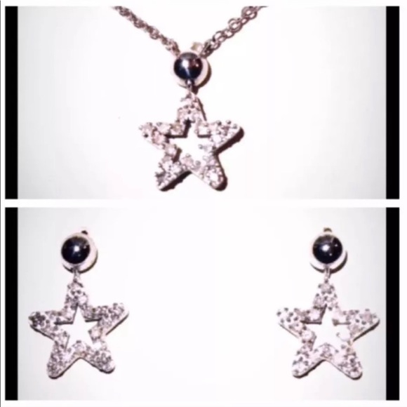 14K White Gold Diamond Star Necklace Earrings - Picture 2 of 5